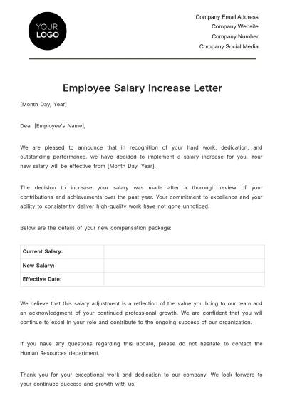Free Employee Salary Increase Letter Template to Edit Online