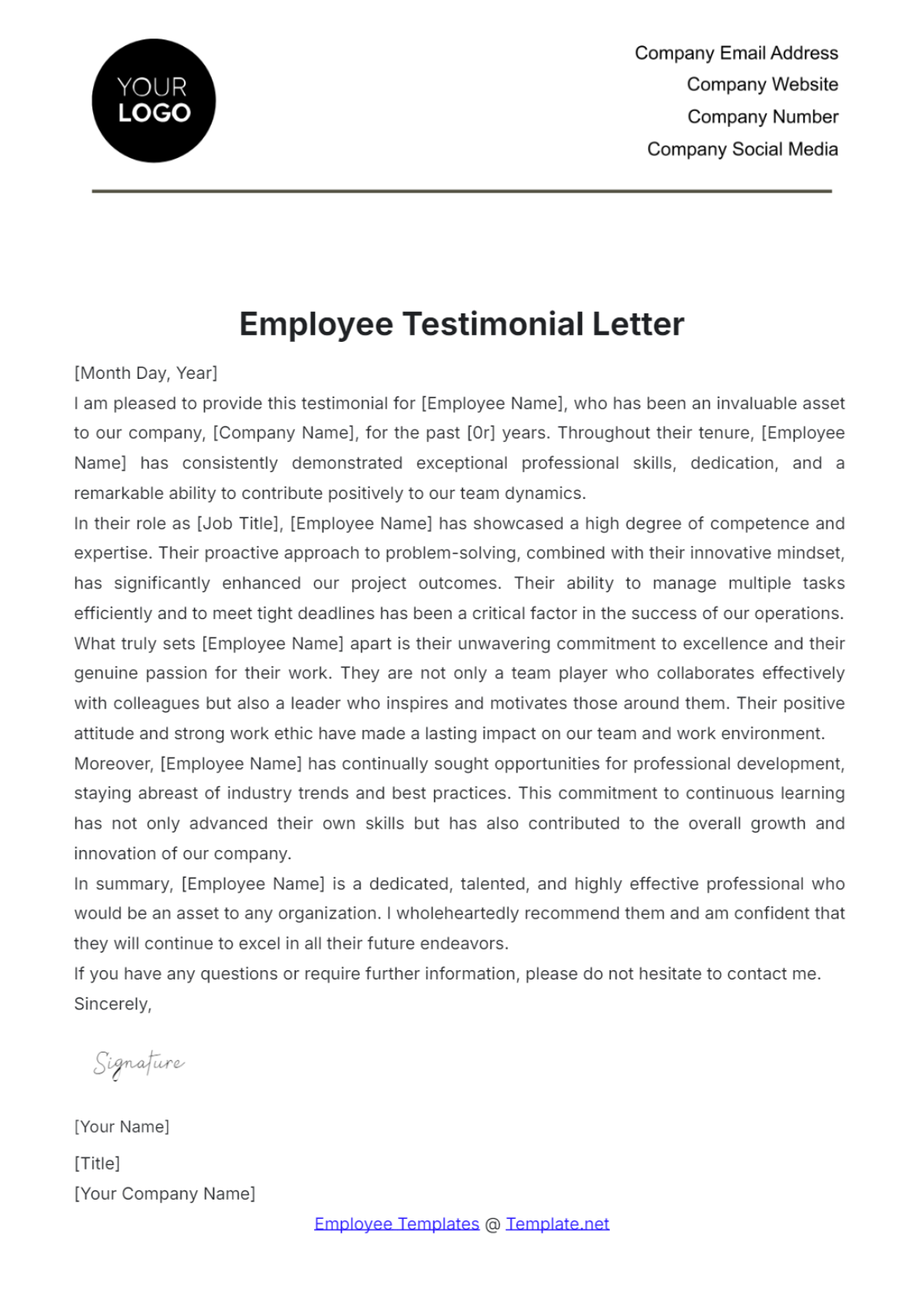 Free Employee Testimonial Letter Template