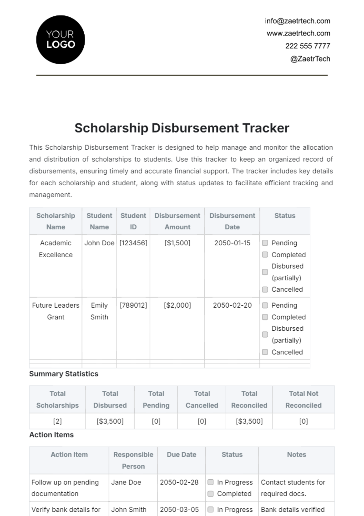 Scholarship Disbursement Tracker Template - Edit Online & Download