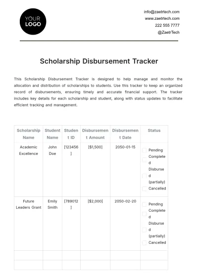Free Scholarship Disbursement Tracker Template to Edit Online