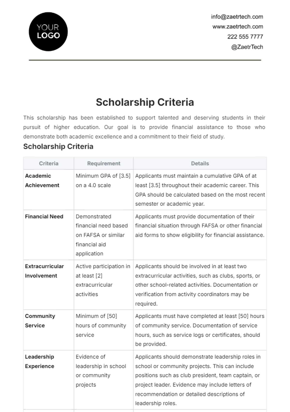 Scholarship Criteria Template - Edit Online & Download