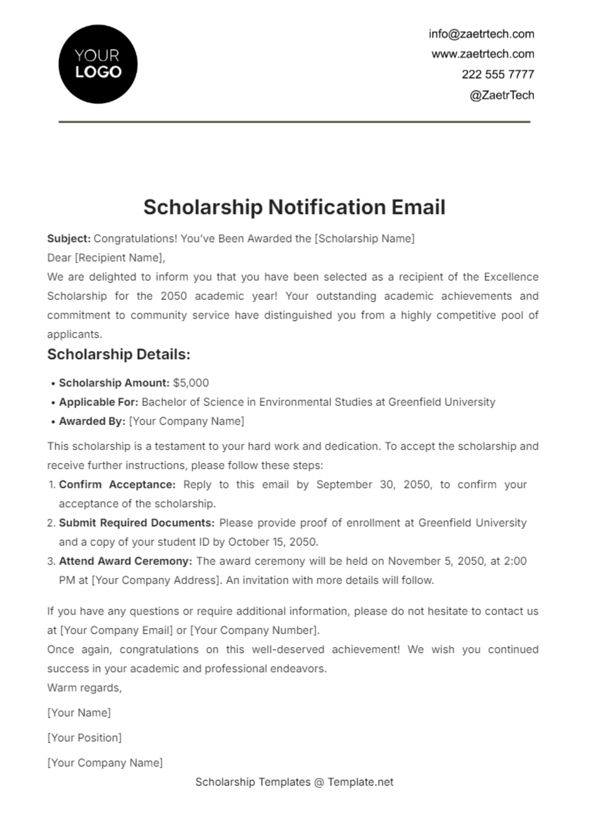 Scholarship Notification Email Template - Edit Online & Download