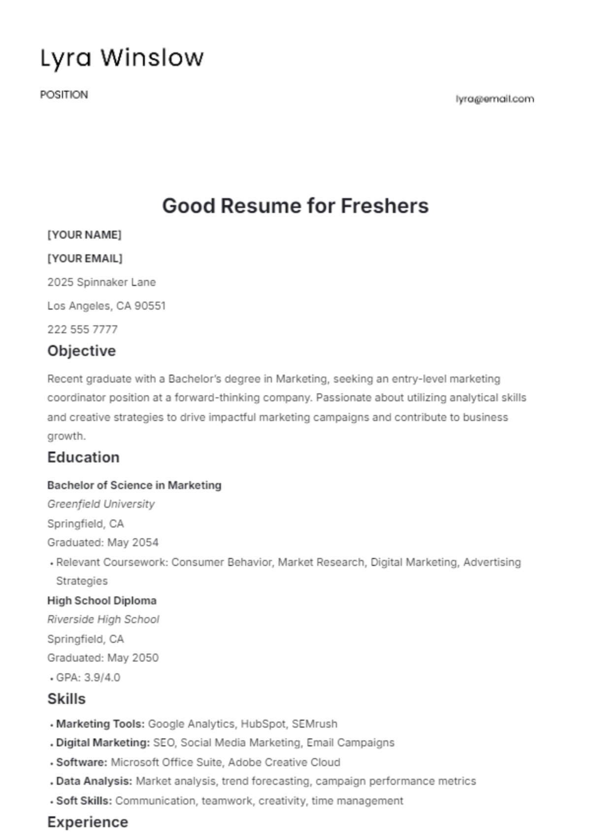 Good Resume Template for Freshers - Edit Online & Download