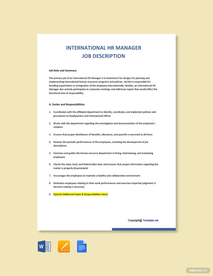 International Hr Manager Job Description