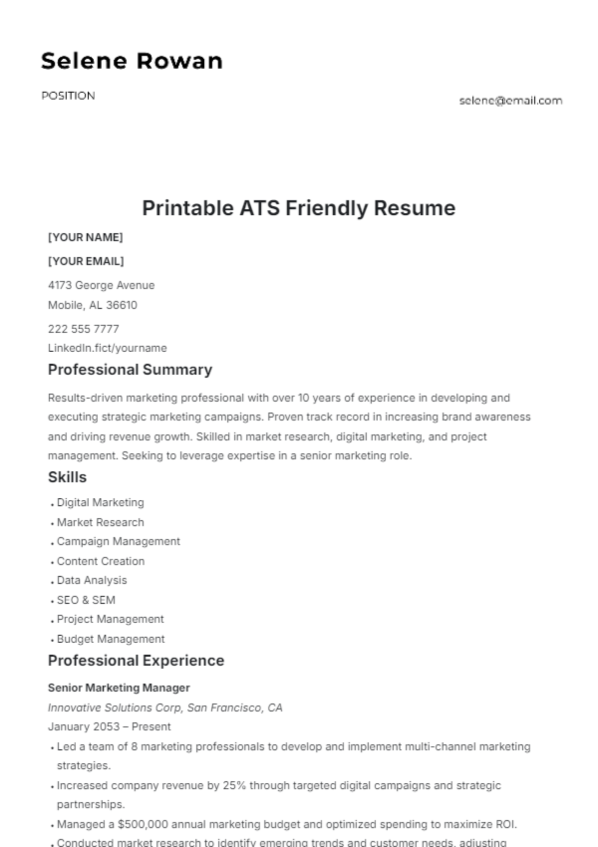 Printable ATS-Friendly Resume Template - Edit Online & Download