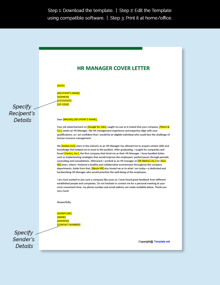 hr manager cover letter template