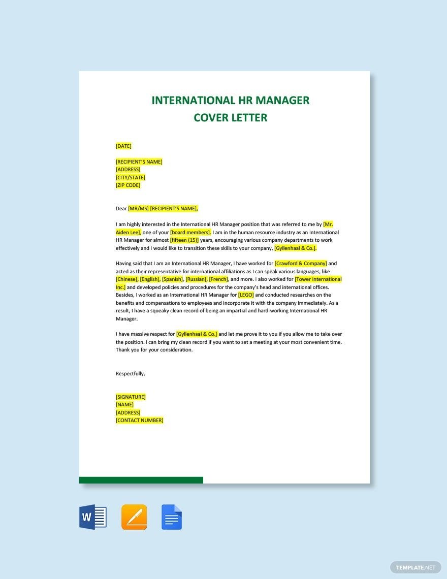 International HR Manager Cover Letter
