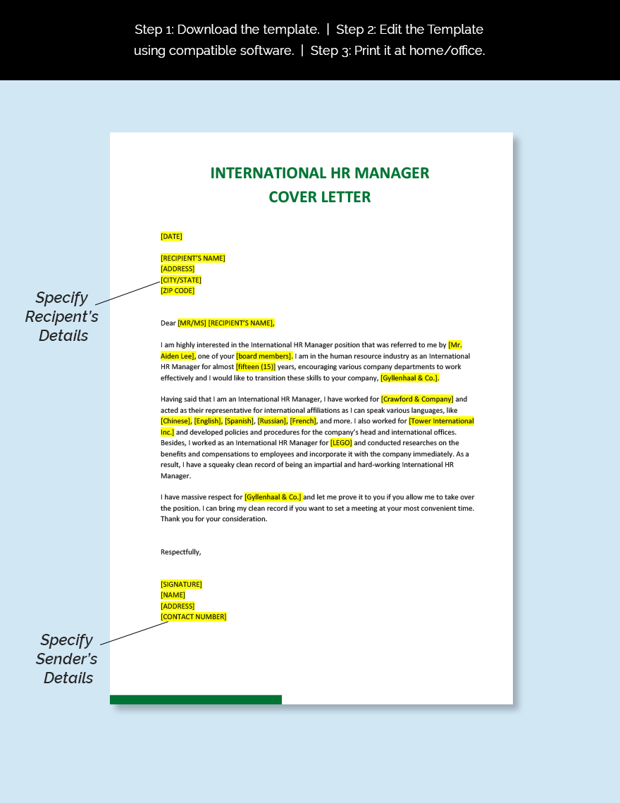 International HR Manager Cover Letter