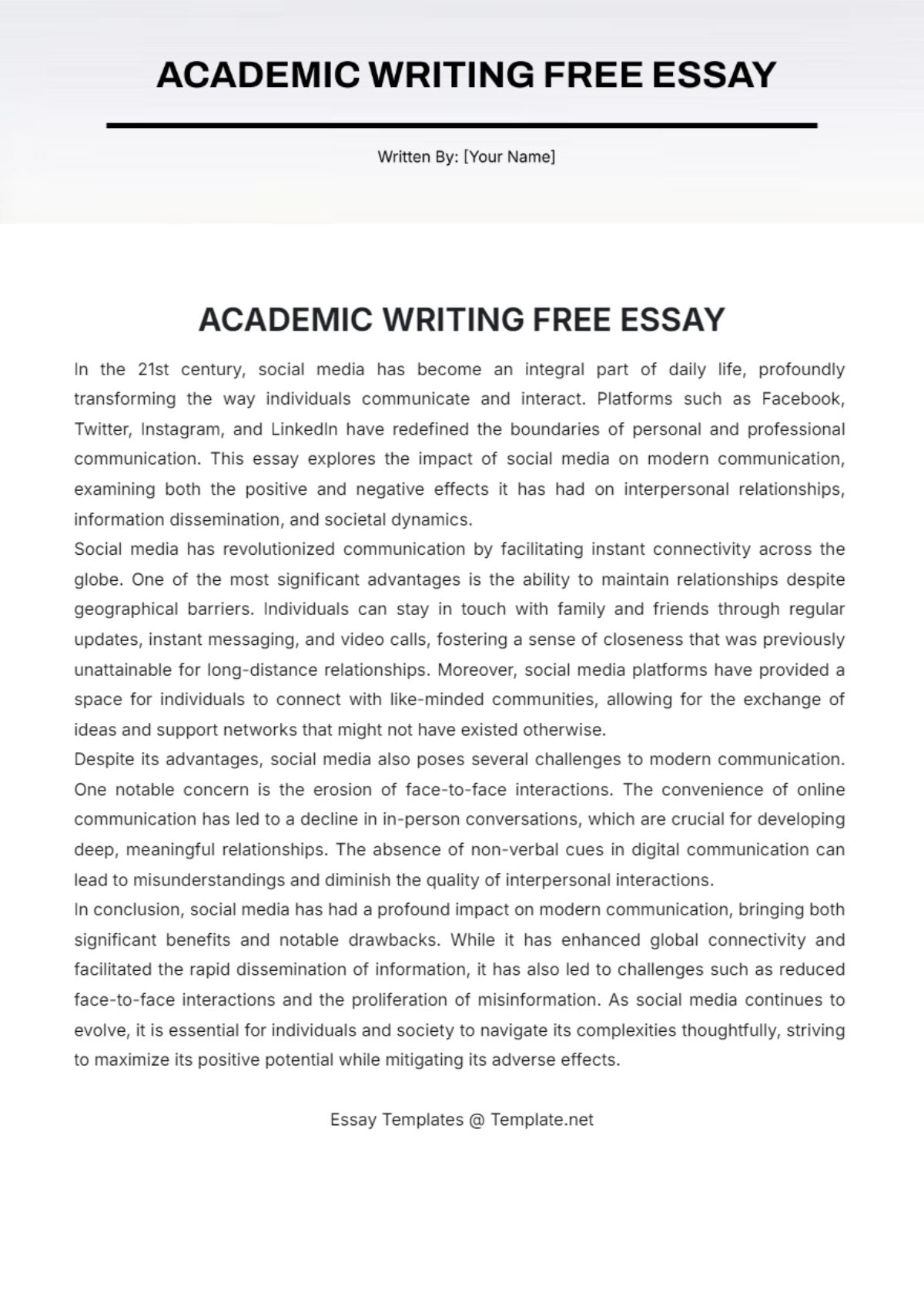 Academic Writing Free Essay Template - Edit Online & Download