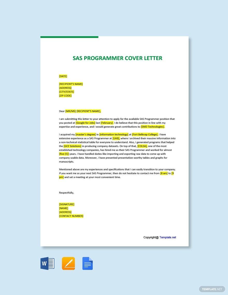 SAS Programmer Cover Letter