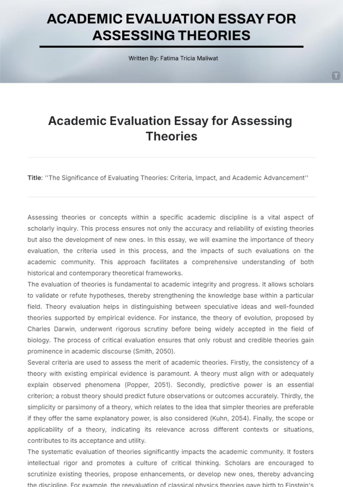 Academic Evaluation Essay for Assessing Theories Template - Edit Online & Download