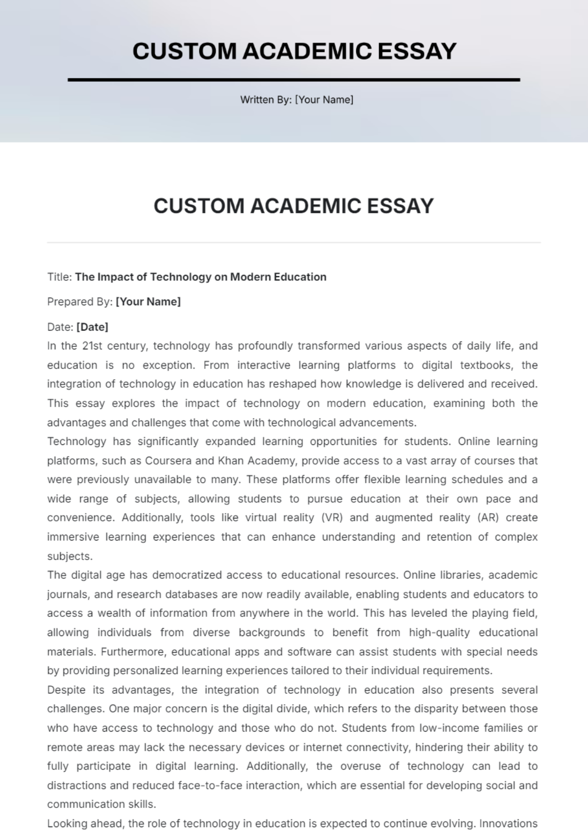 Custom Academic Essay Template - Edit Online & Download