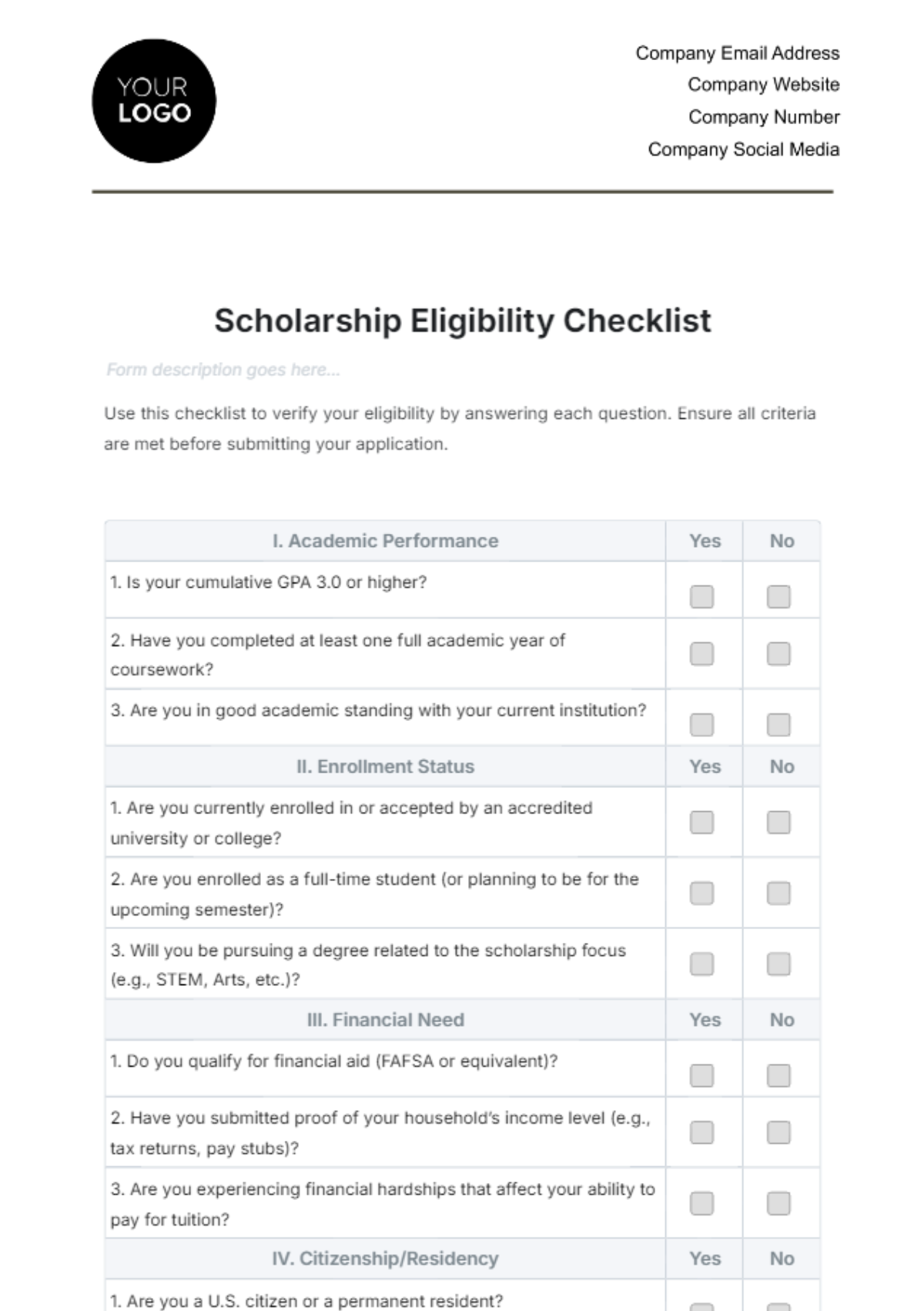 Scholarship Eligibility Checklist Template - Edit Online & Download