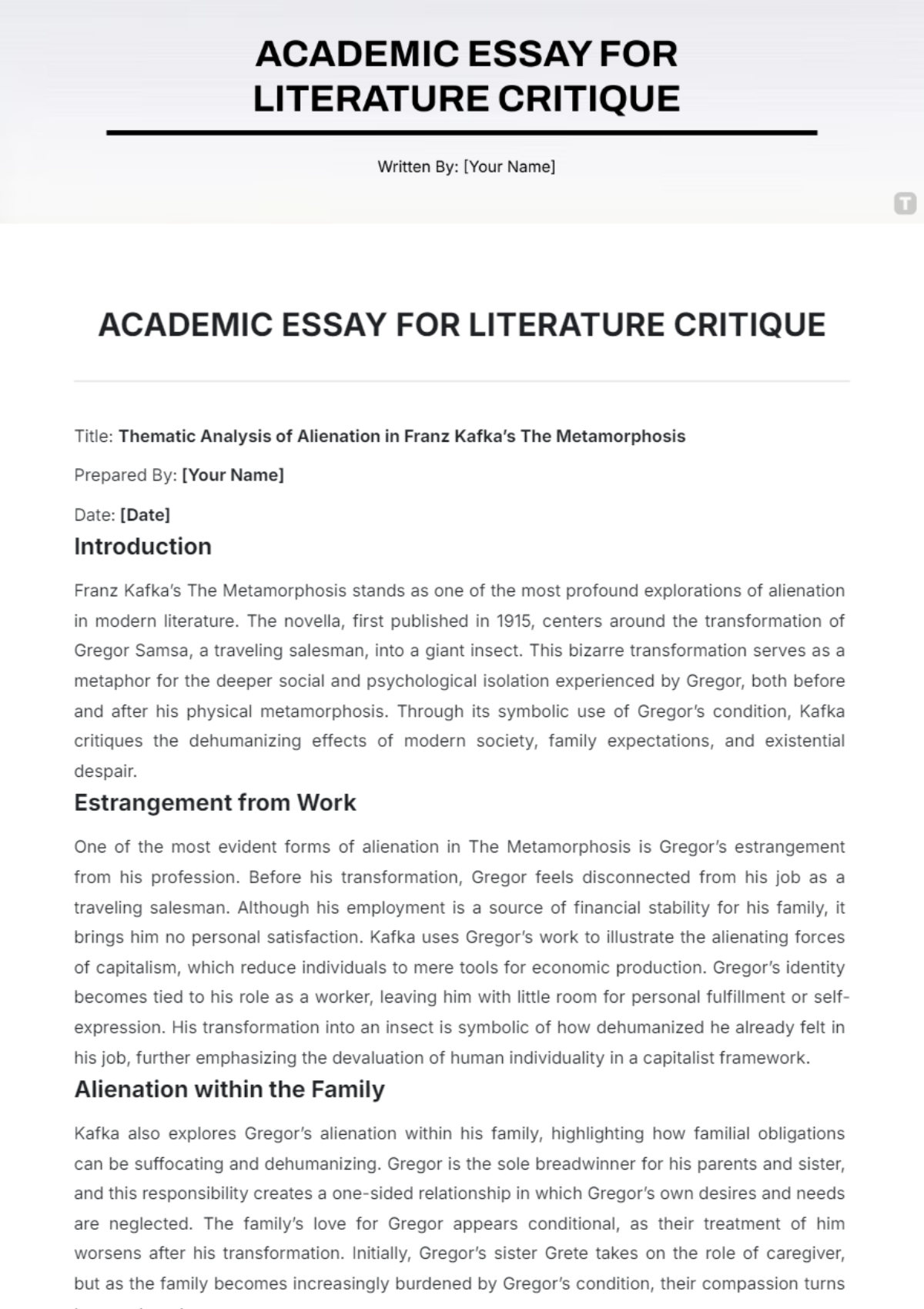 Academic Essay  for Literature Critique Template - Edit Online & Download