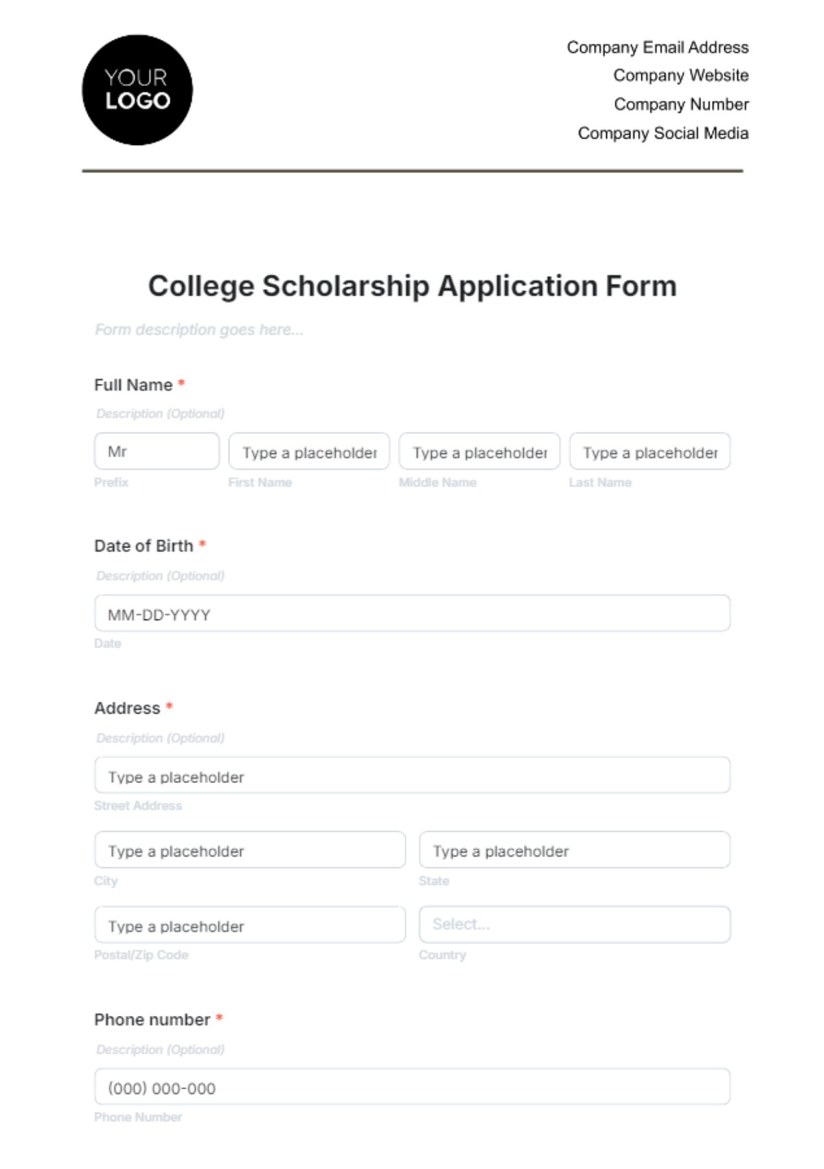 College Scholarship Application Form Template - Edit Online & Download