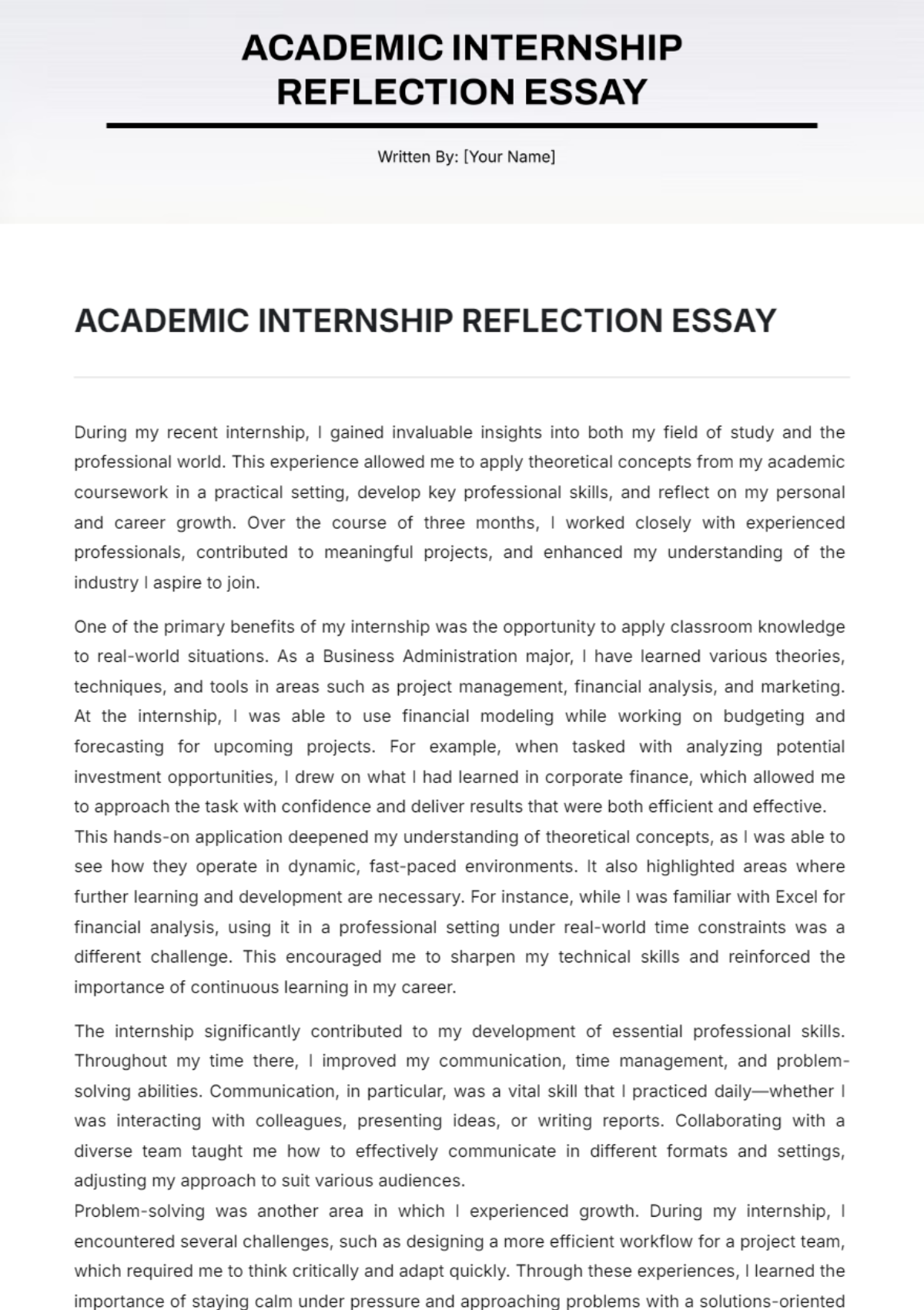 Academic Internship Reflection Essay Template - Edit Online & Download