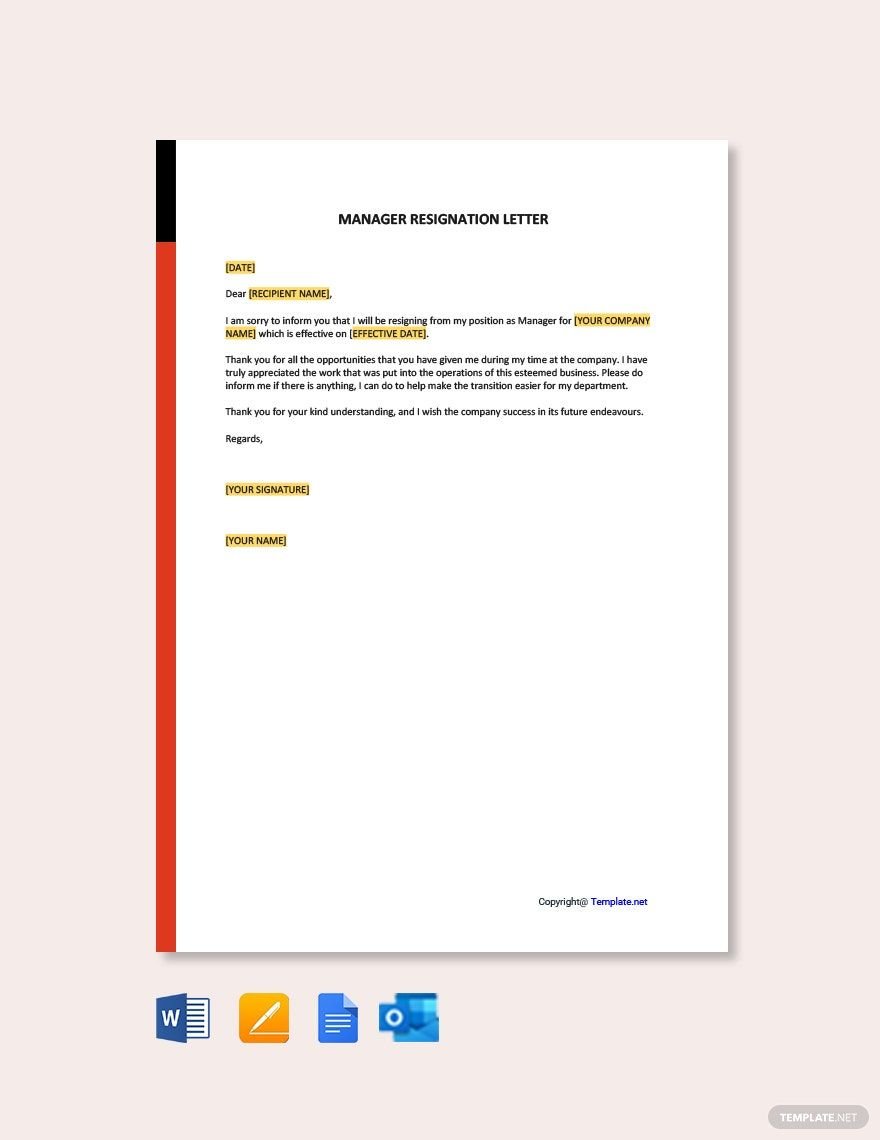 Manager Resignation Letter in Word, Google Docs, PDF, Apple Pages, Outlook