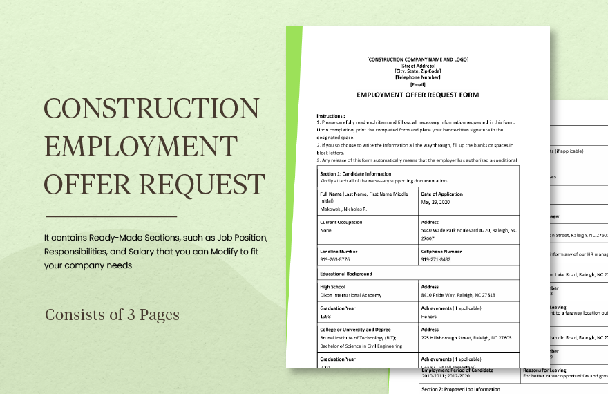 Construction Employment Offer Request Template in Word, Google Docs, Apple Pages