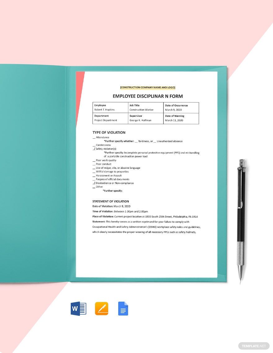Construction Disciplinary Form Template