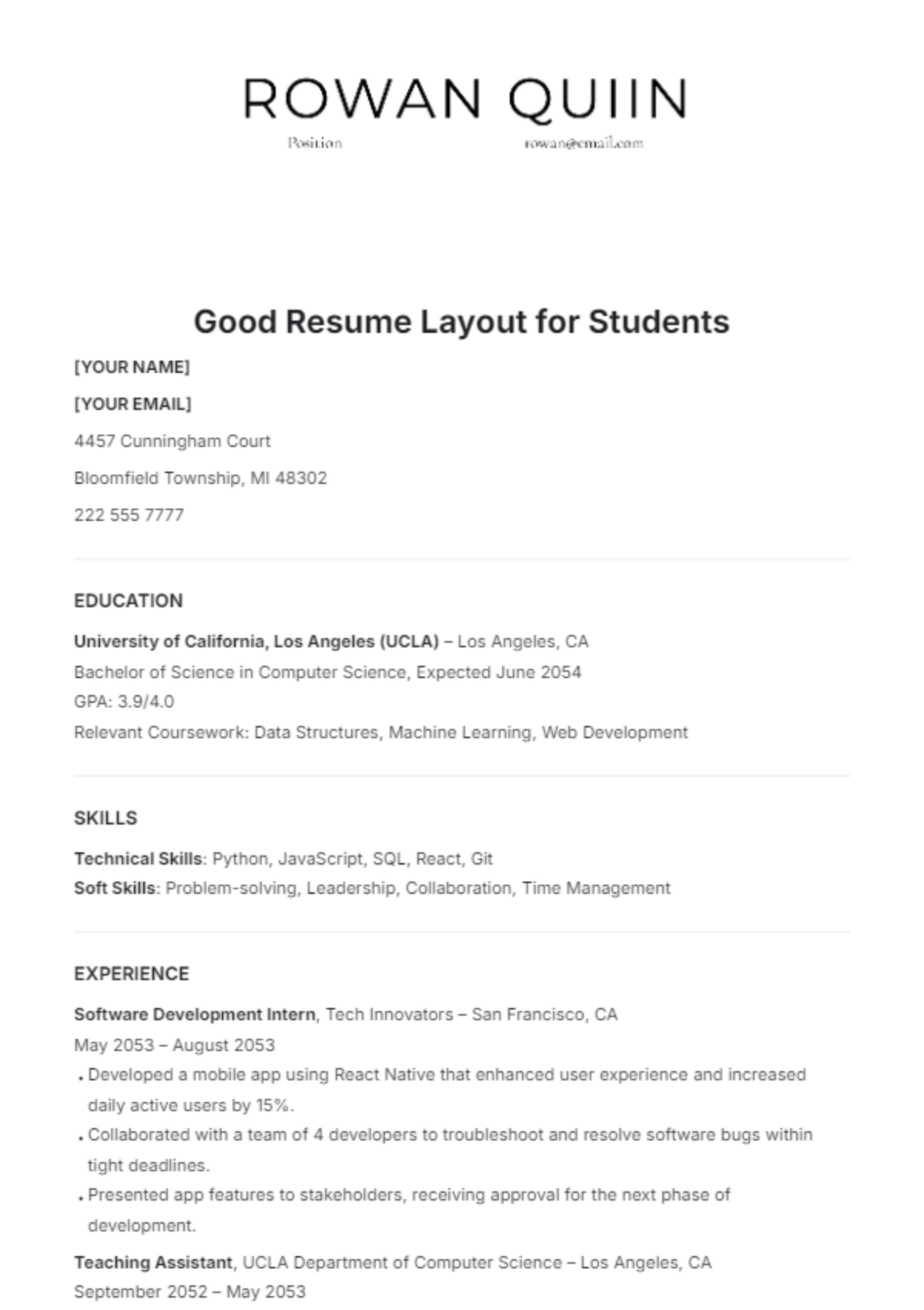 Good Resume Layout Template for Students - Edit Online & Download