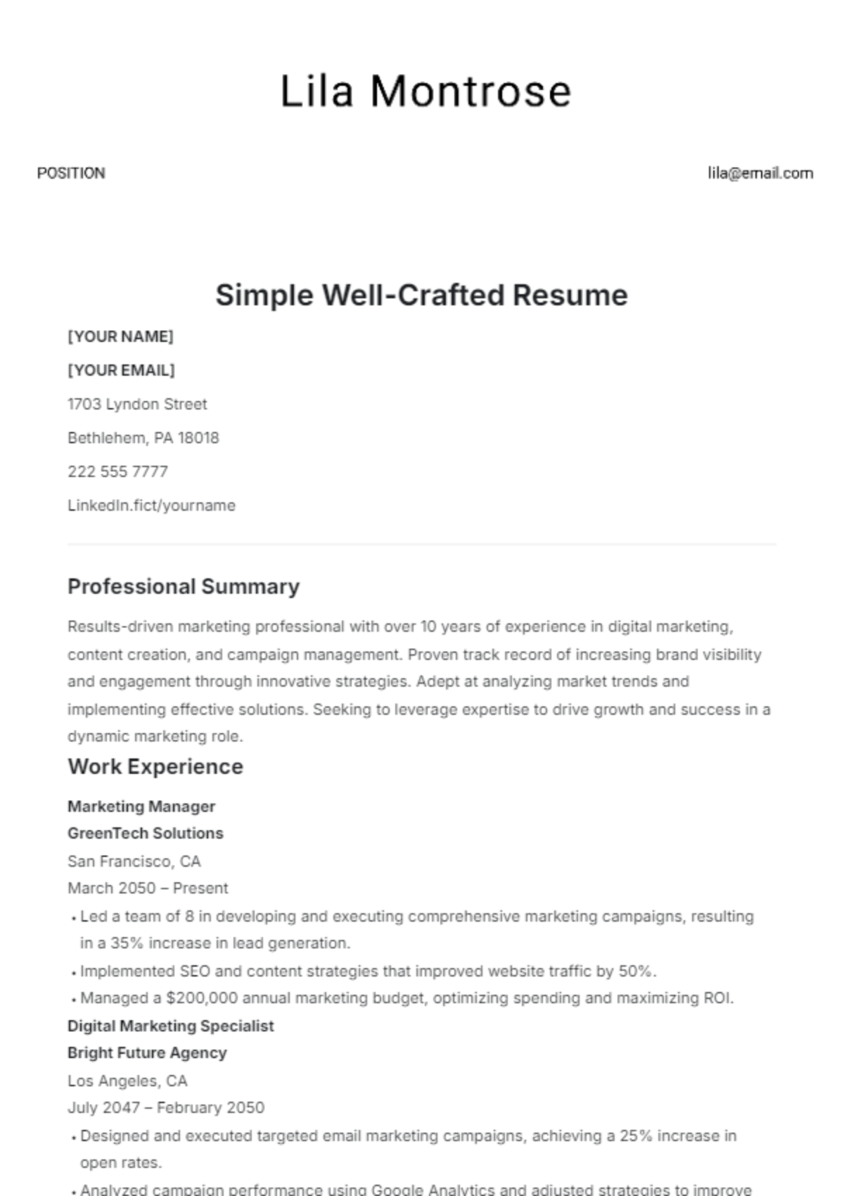 Simple Well-Crafted Resume Template - Edit Online & Download