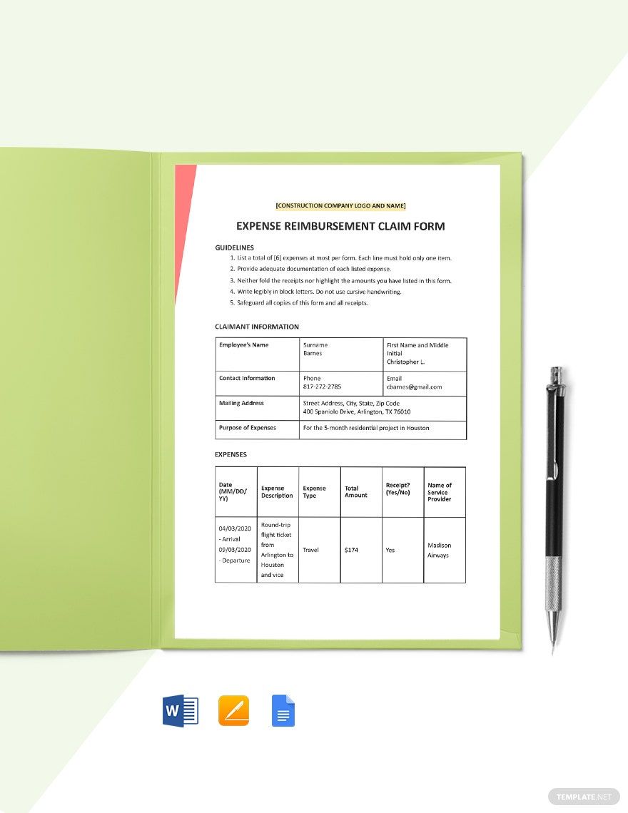Construction Expense Claim Form Template