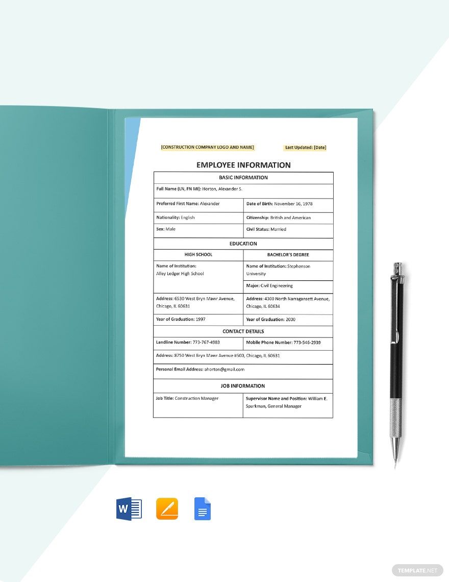 Construction Employee Information Template