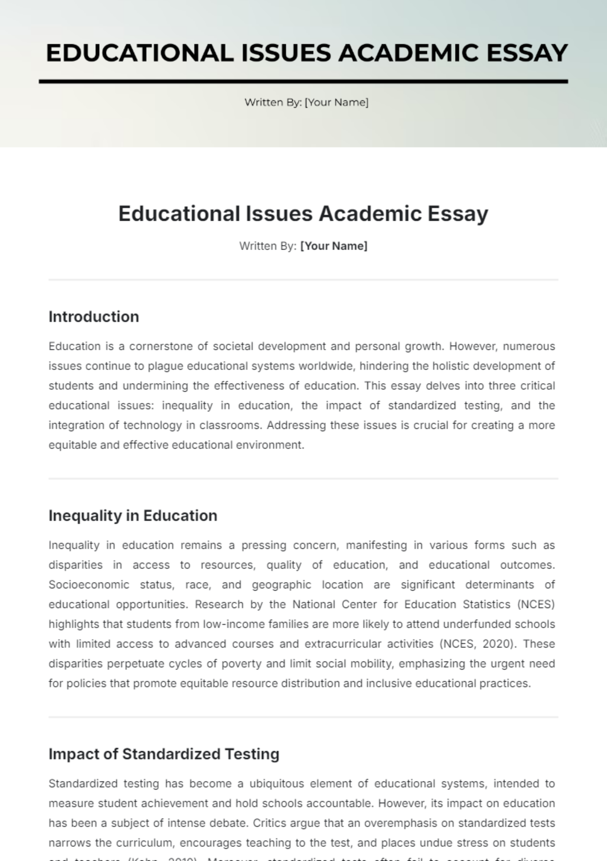 Educational Issues Academic Essay Template - Edit Online & Download