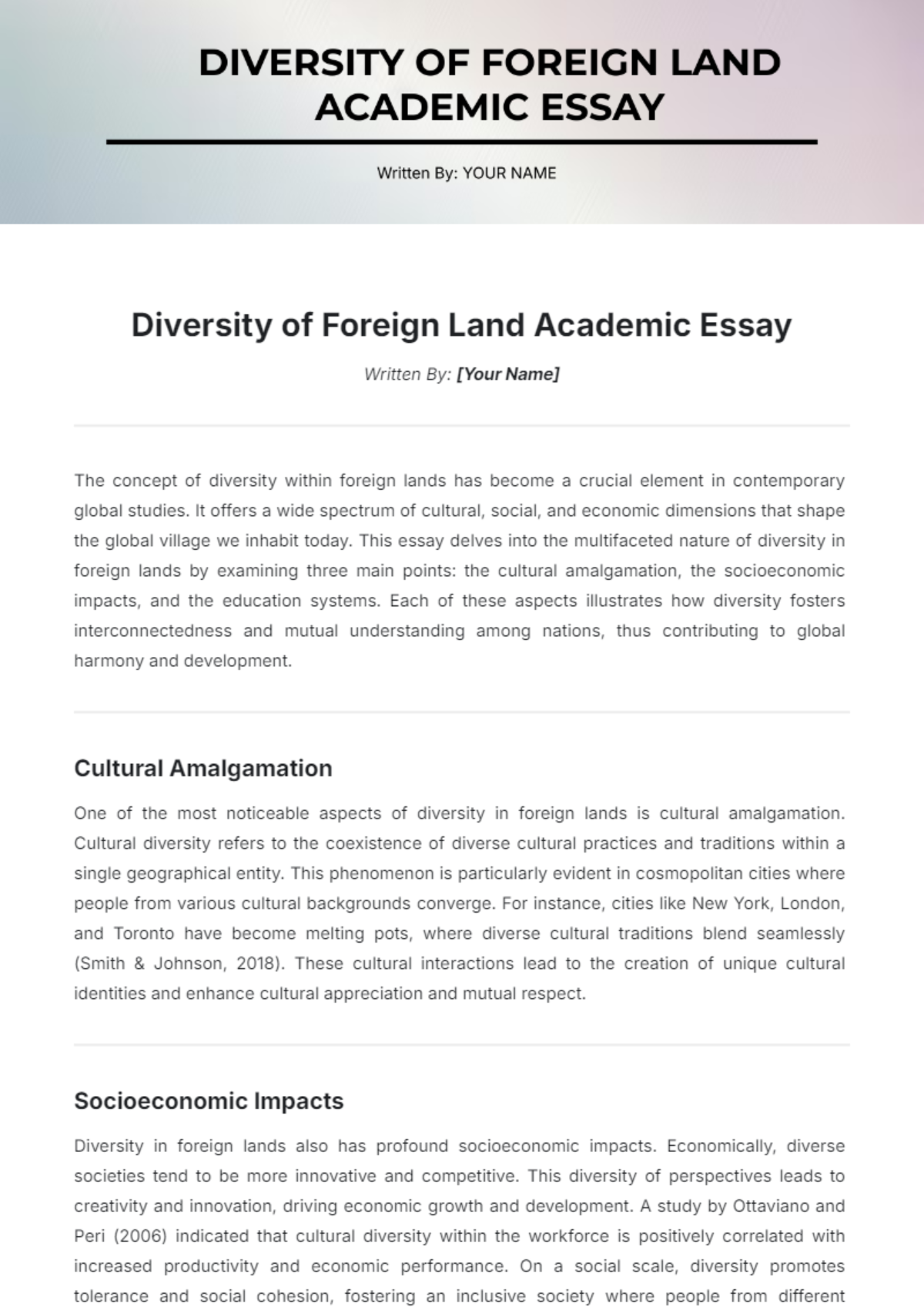 Diversity of Foreign Land Academic Essay Template - Edit Online & Download