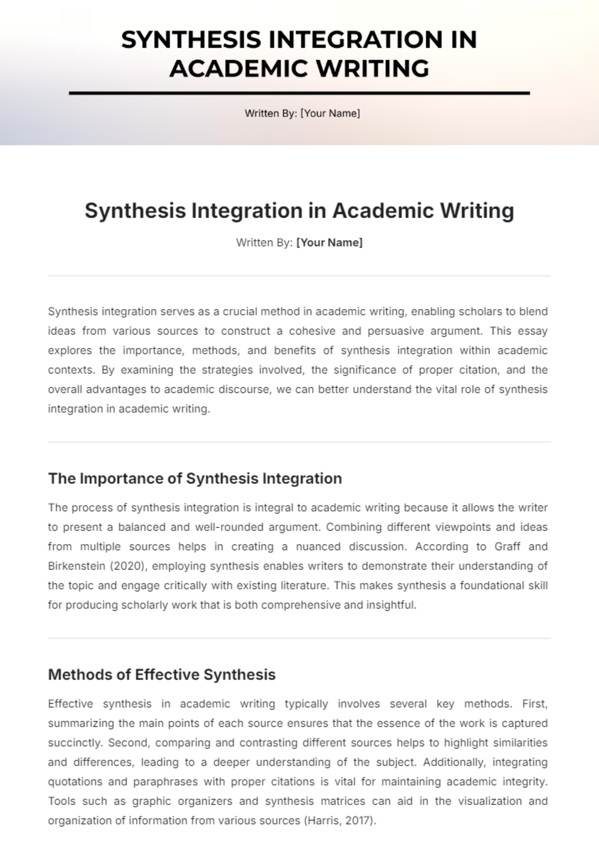 Synthesis Integration Academic Essay Template - Edit Online & Download