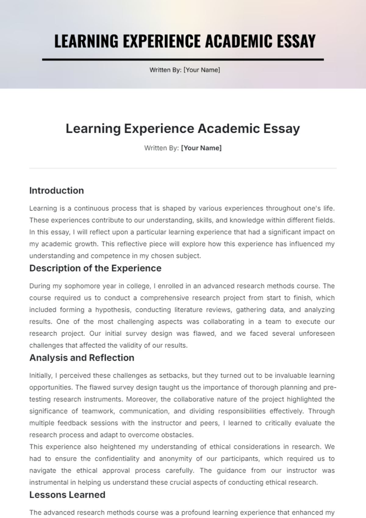 Learning Experience Academic Essay Template - Edit Online & Download