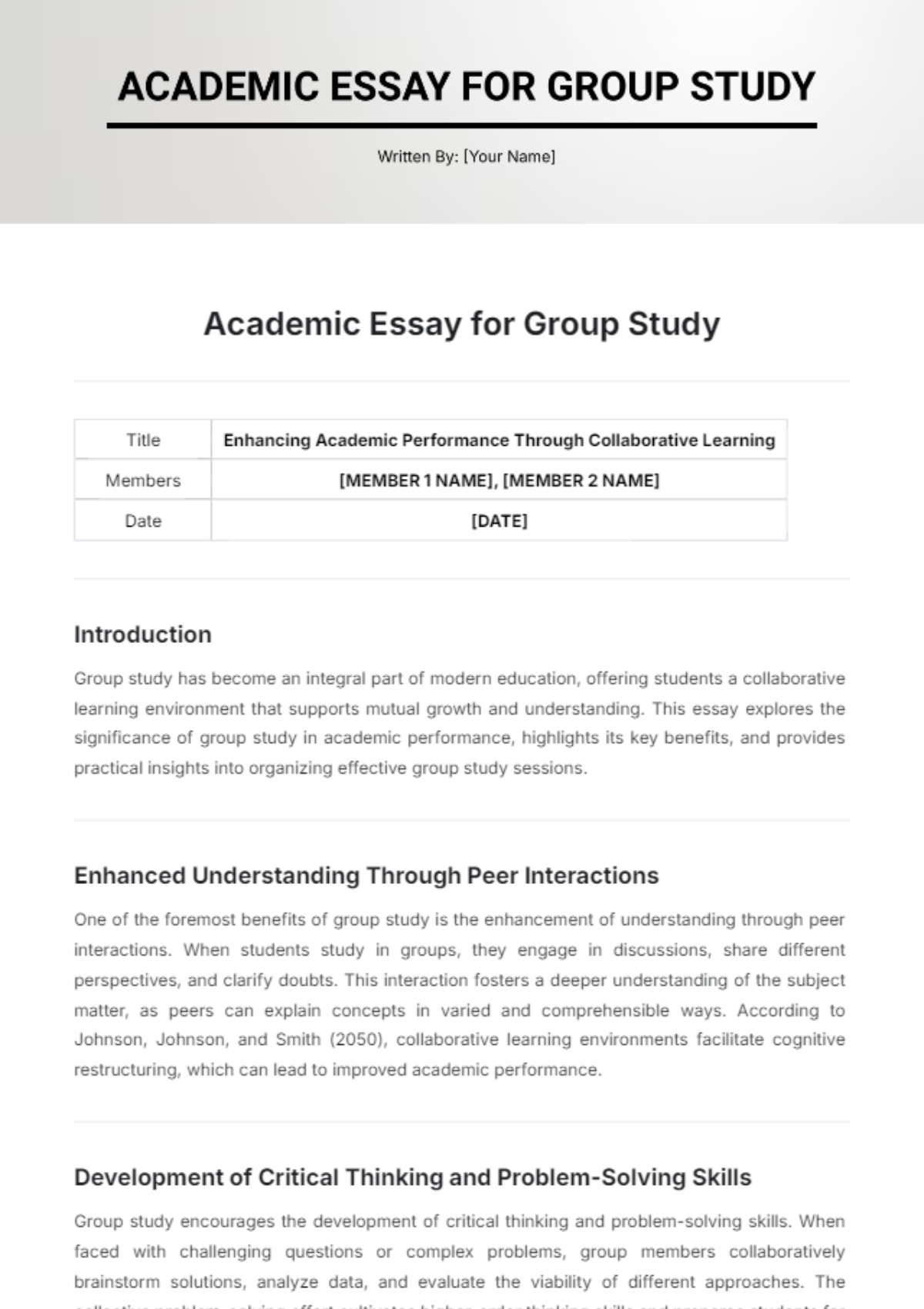 Academic Essay for Group Study Template - Edit Online & Download