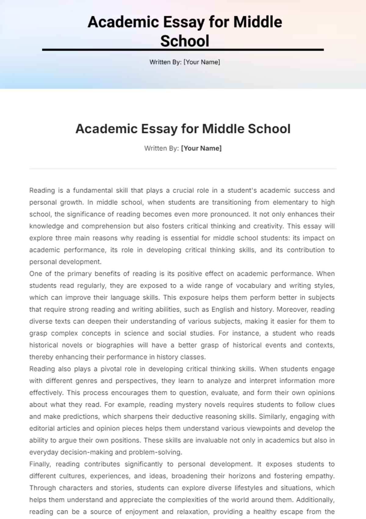 Academic Essay for Middle School Template