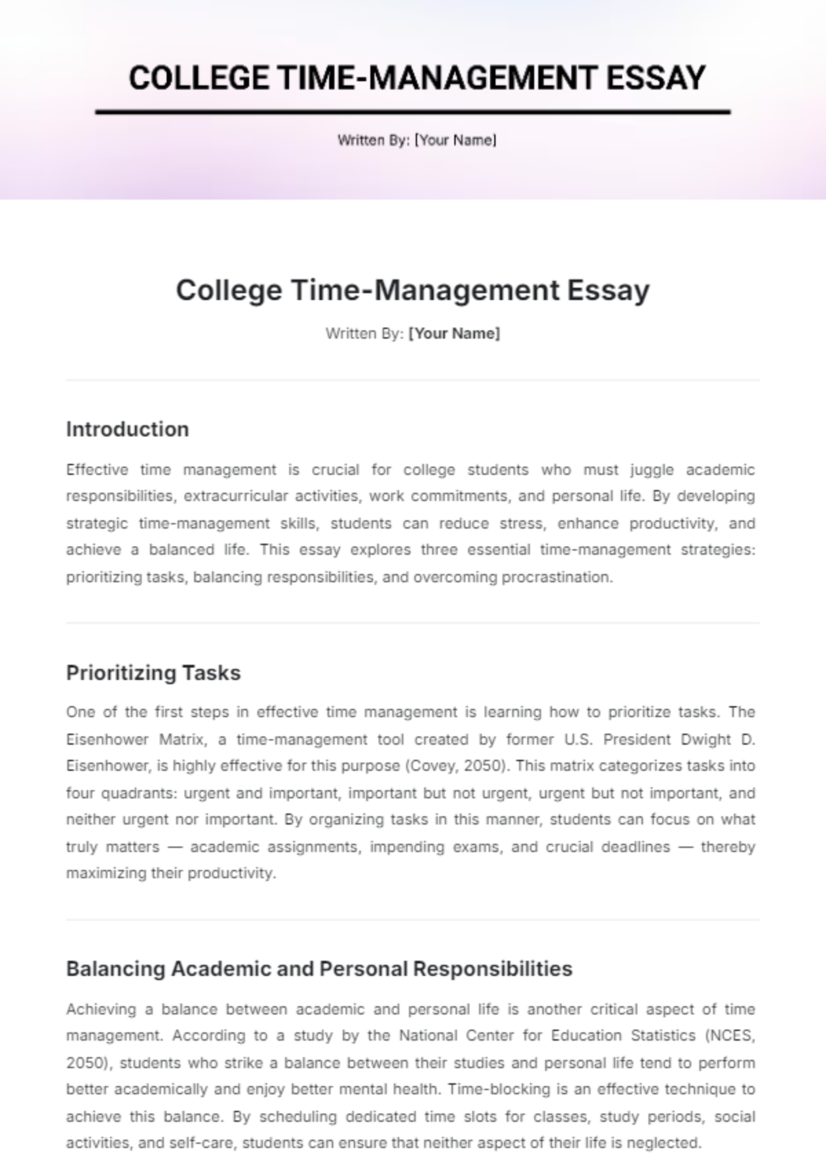 College Time-Management Essay Template - Edit Online & Download