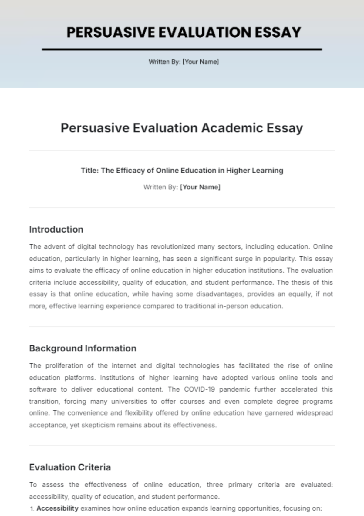 Persuasive Evaluation Academic Essay Template - Edit Online & Download