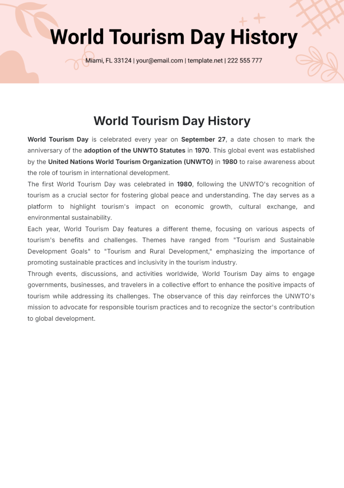 World Tourism Day History Template - Edit Online & Download