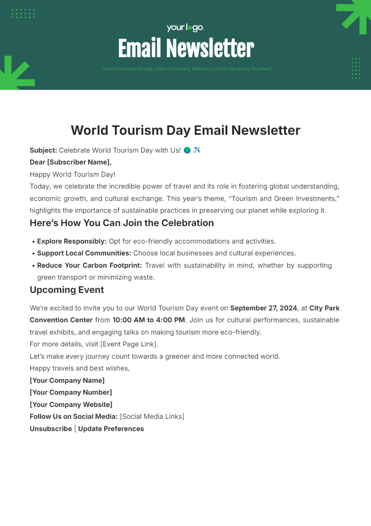 World Tourism Day Email Newsletter Template - Edit Online & Download