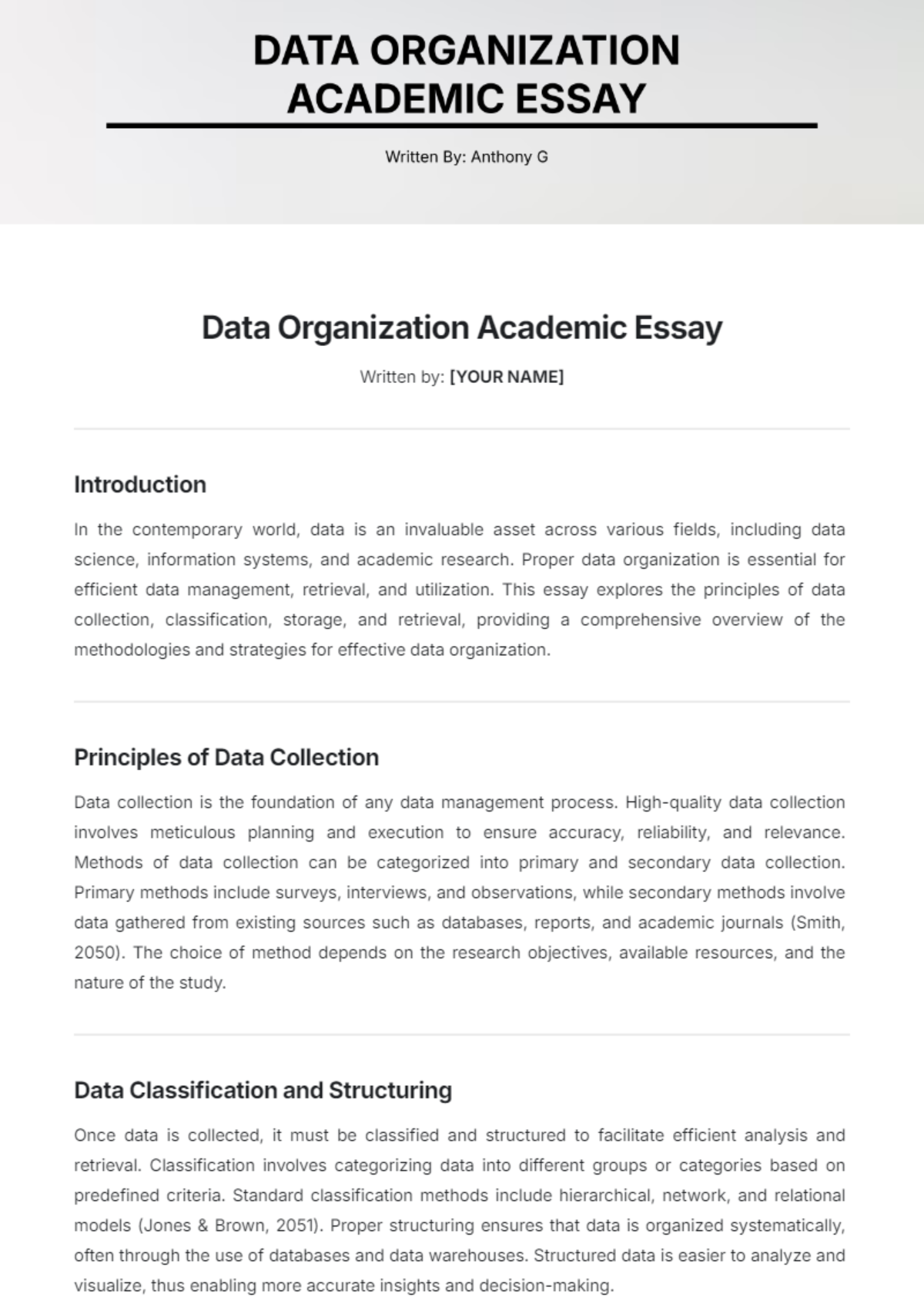 Data Organization Academic Essay Template