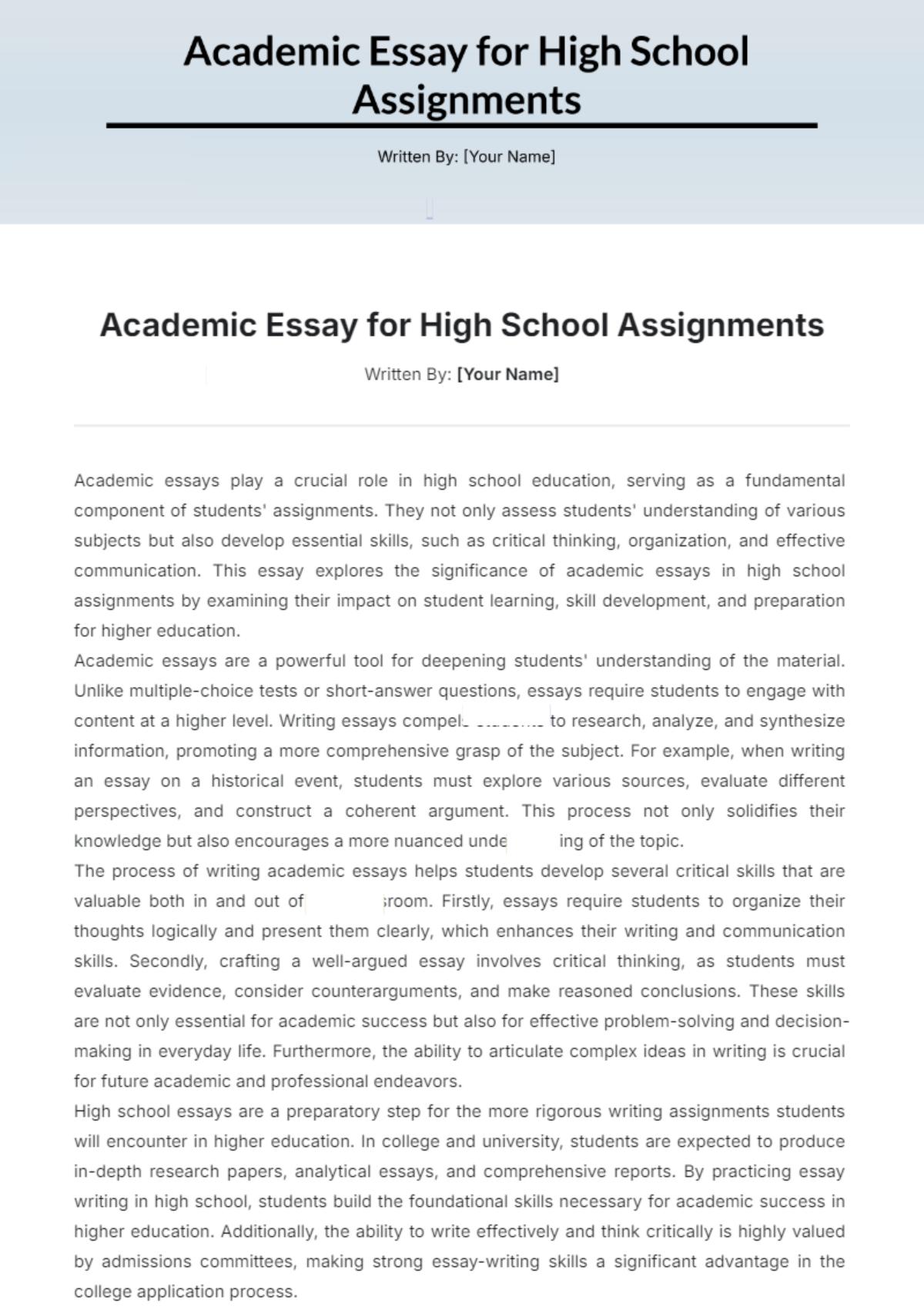 Academic Essay for High School Assignments Template