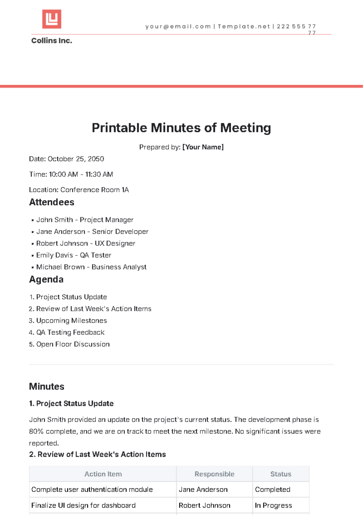 Printable Minutes of Meeting Template - Edit Online & Download