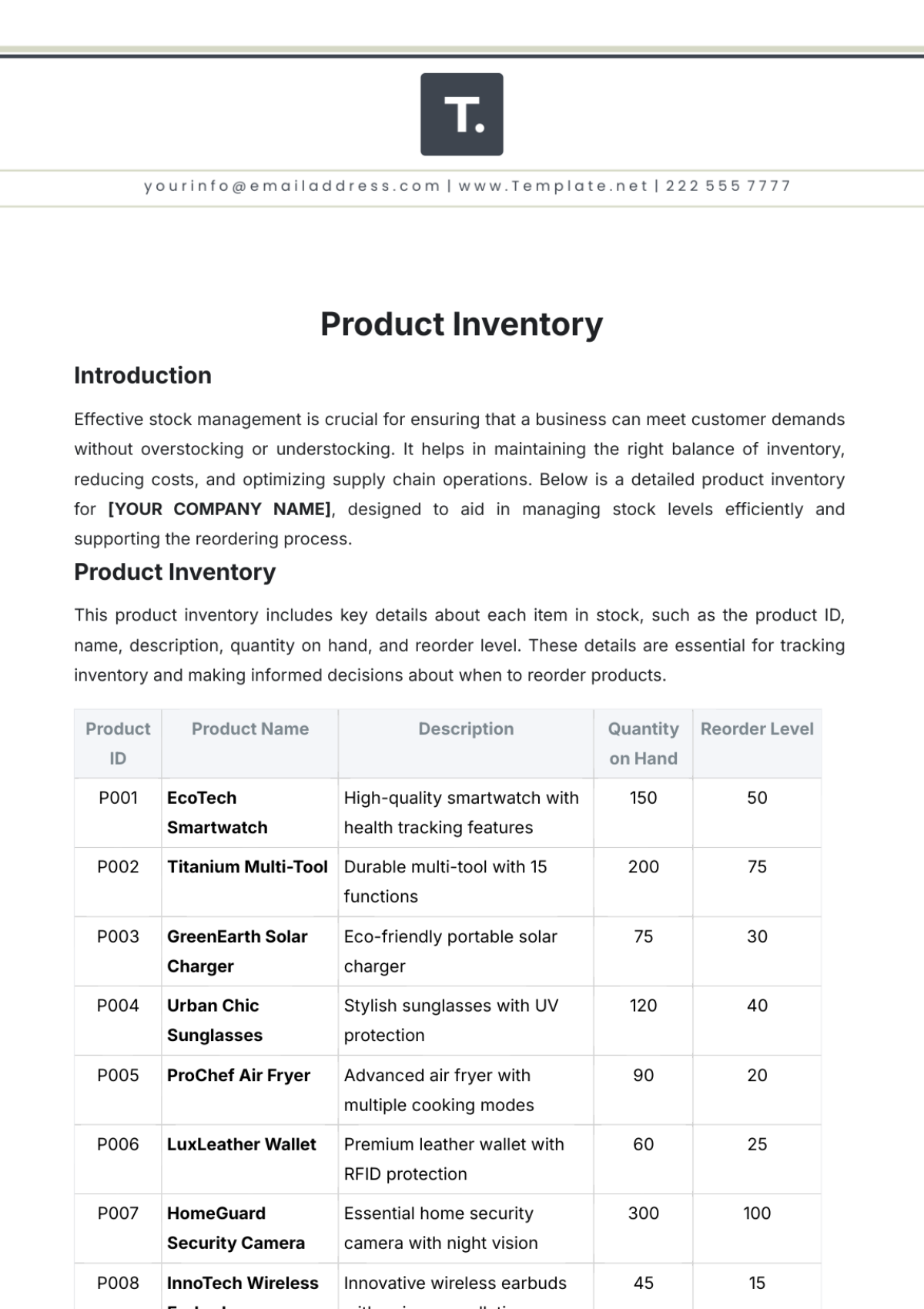 Product Inventory Template