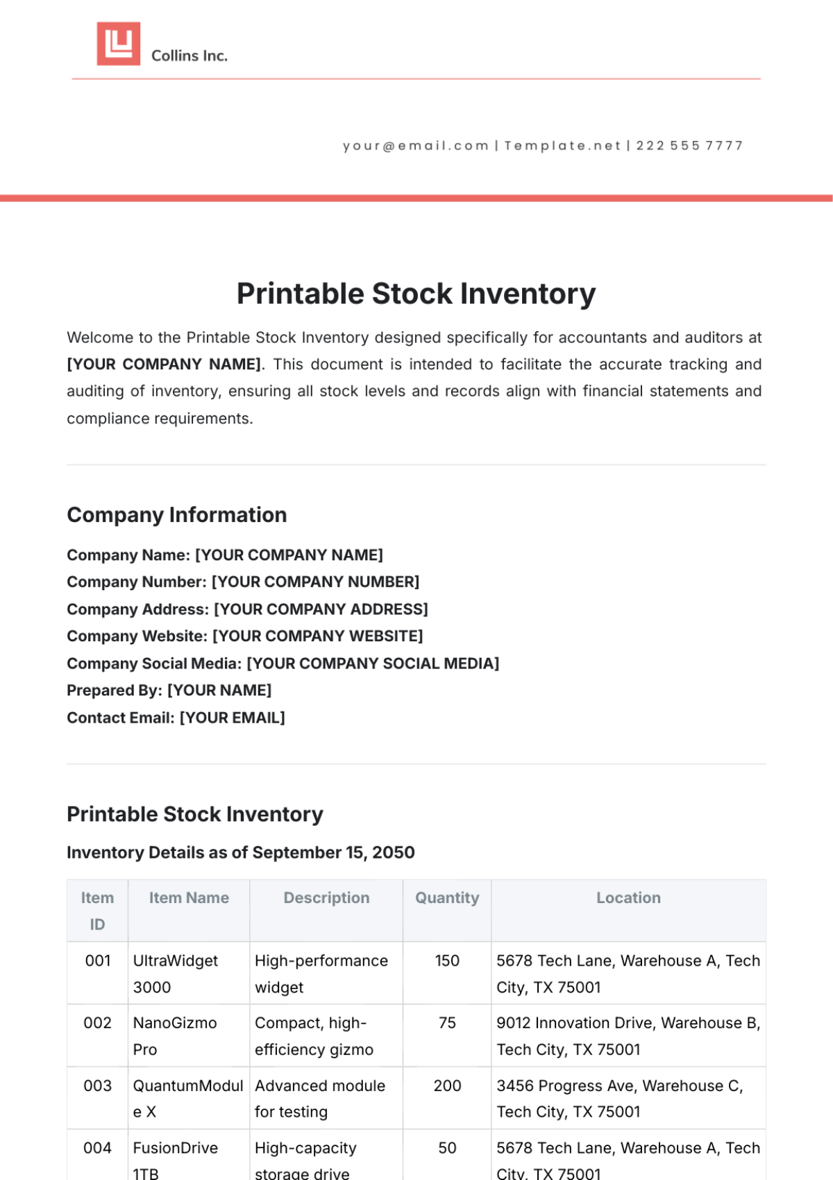 Printable Stock Inventory Template