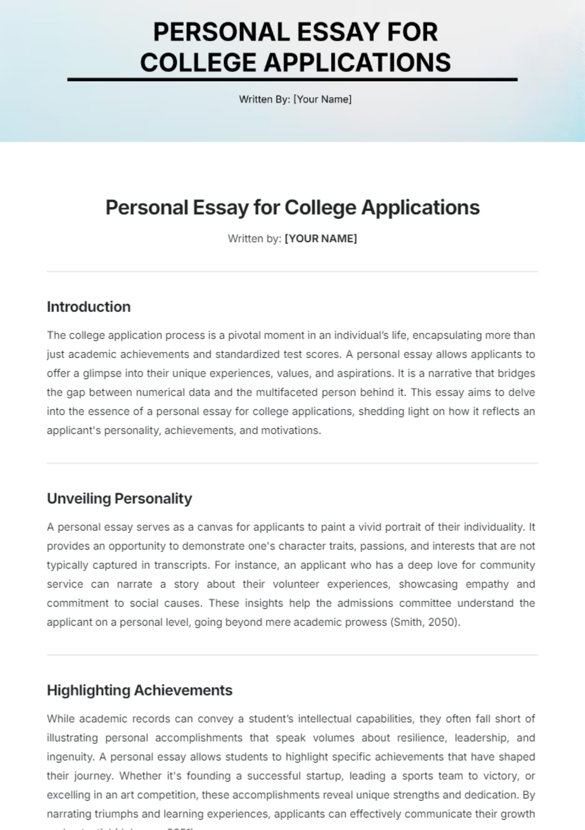 Personal Essay for College Applications Template