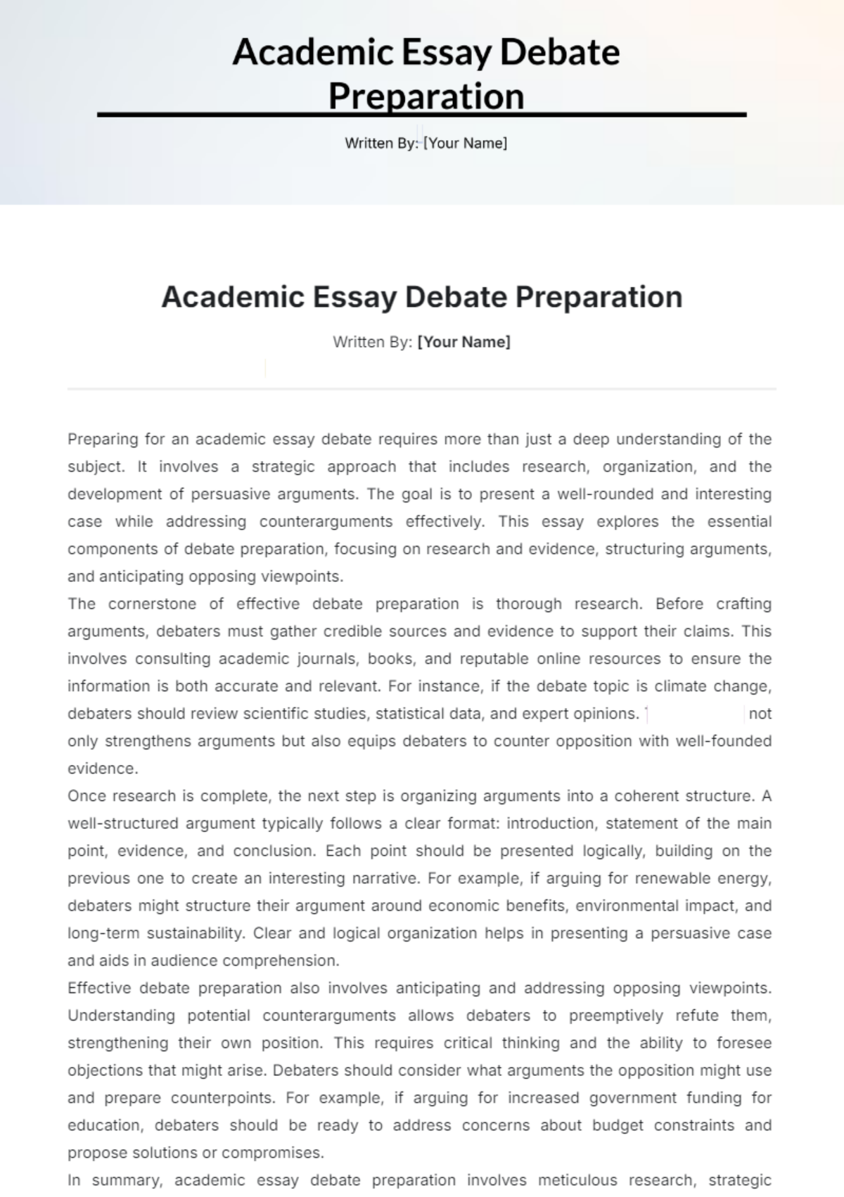 Academic Essay Debate Preparation Template