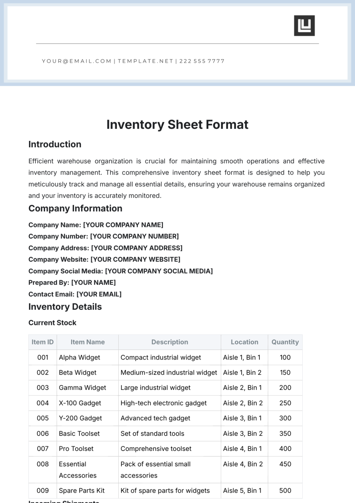 Inventory Sheet Format Template