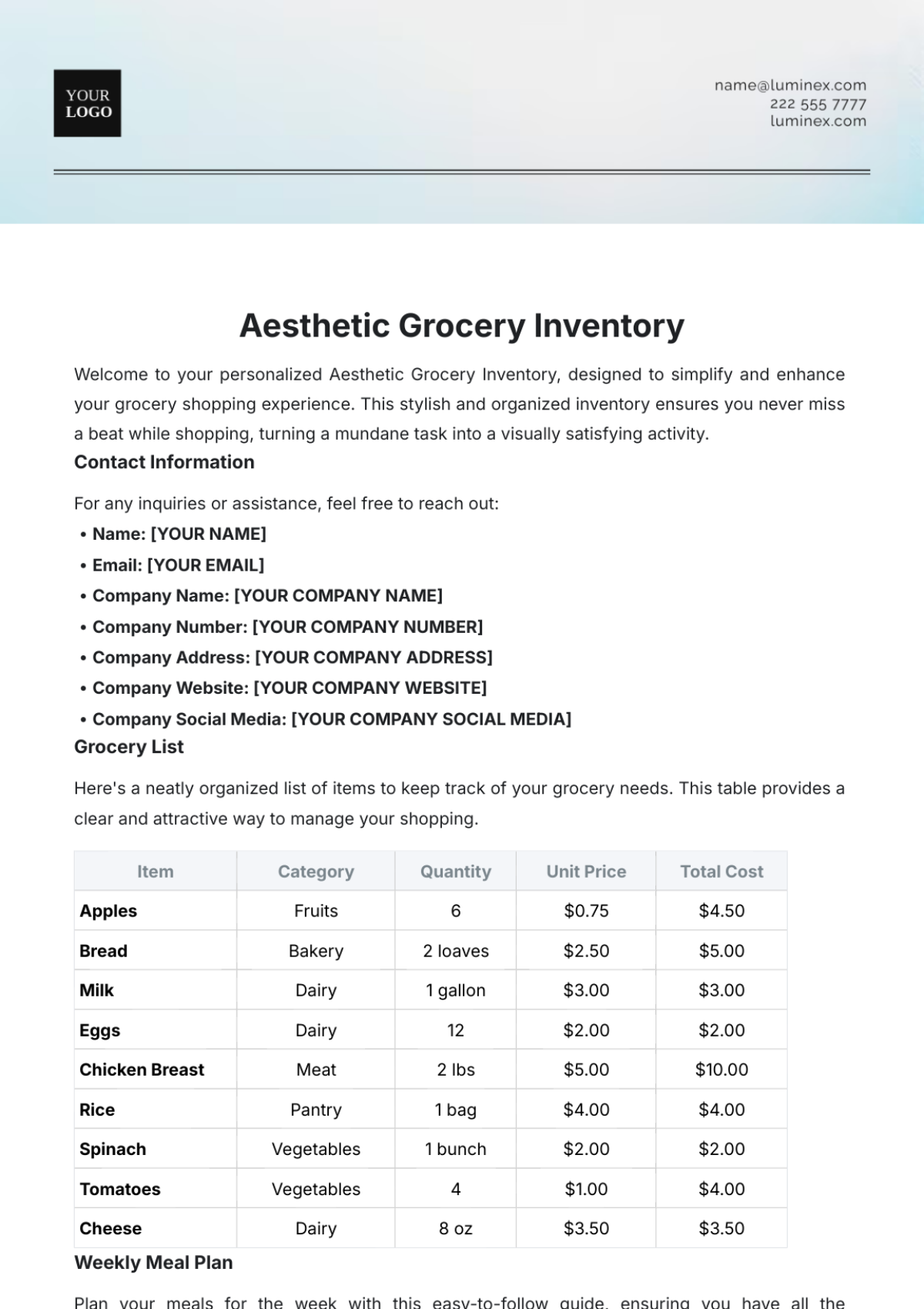 Aesthetic Grocery Inventory Template