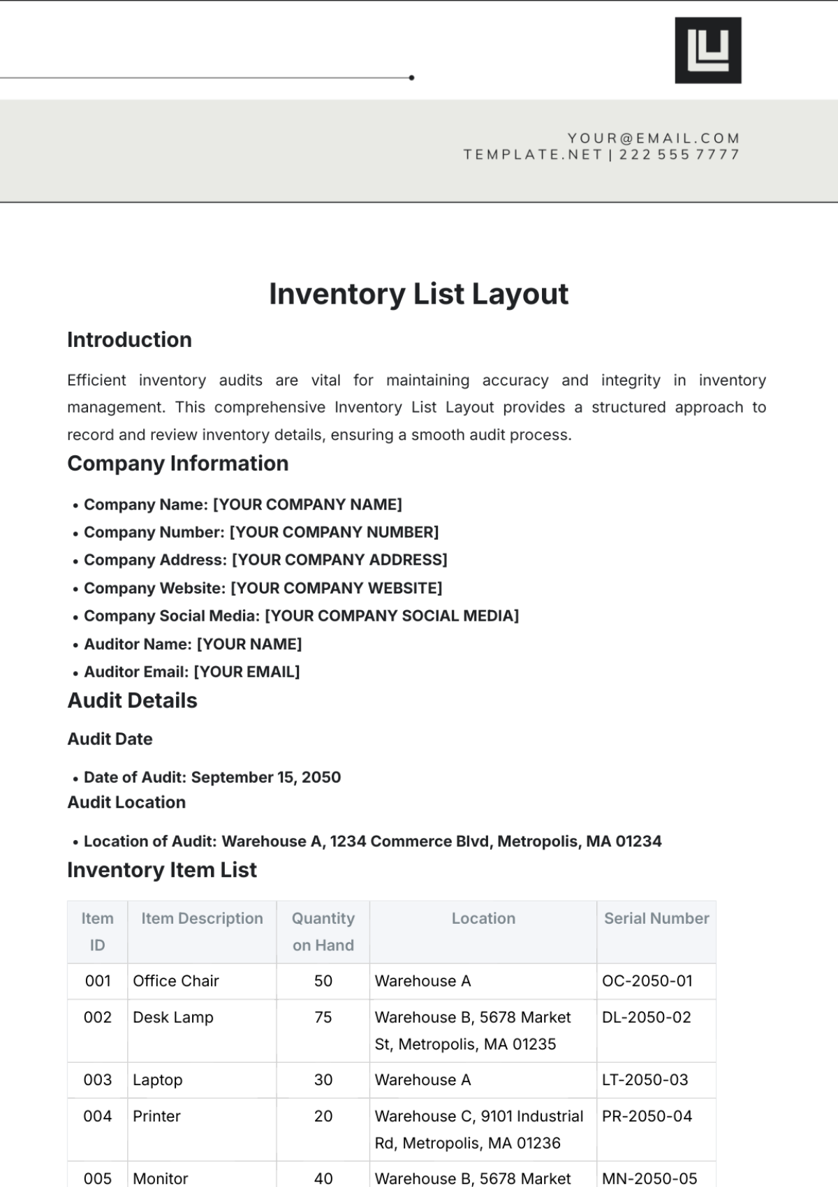 Inventory List Layout Template