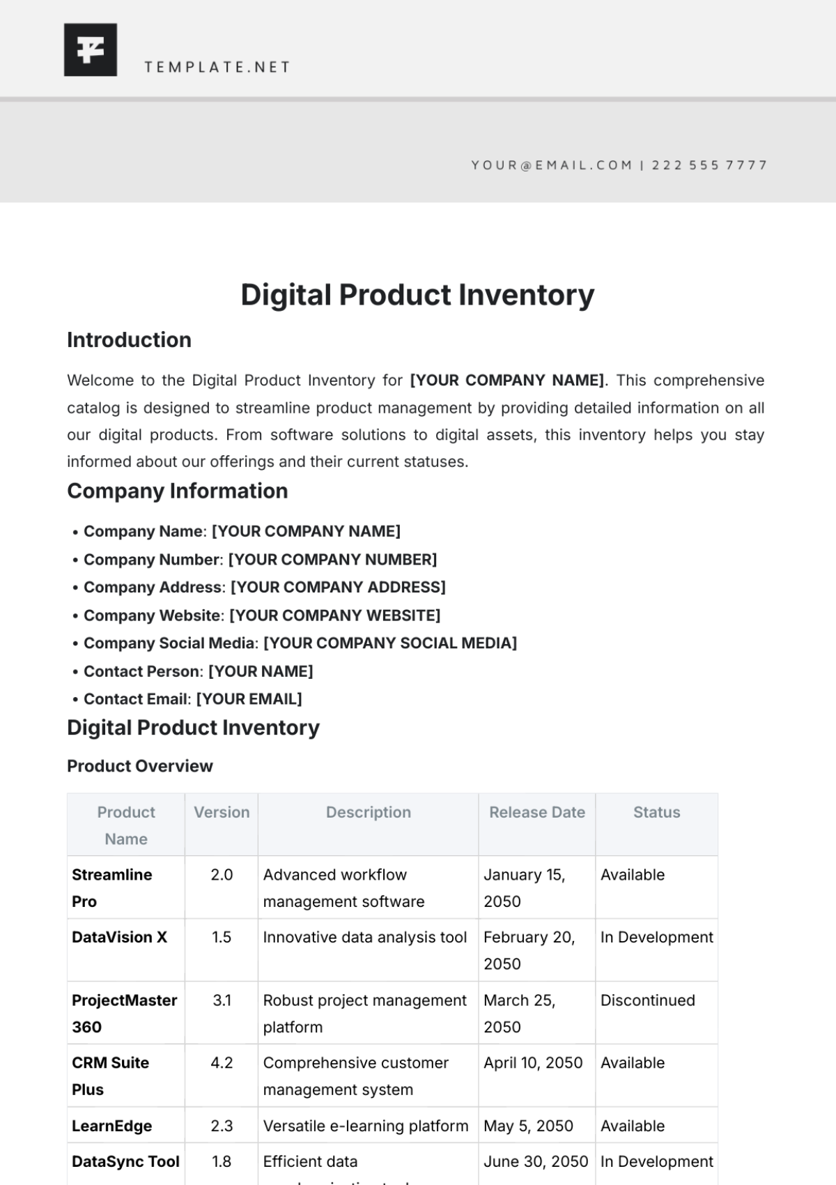 Digital Product Inventory Template