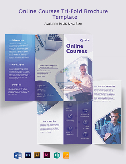 Online Courses Tri-Fold Brochure Template - Illustrator, InDesign, Word, Apple Pages, PSD, Publisher