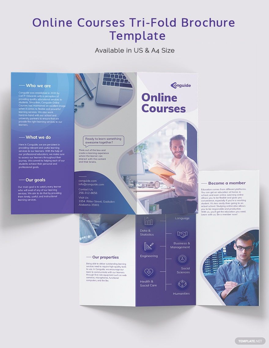 Online Courses Tri-Fold Brochure Template in Word, Google Docs, Illustrator, PSD, Apple Pages, Publisher, InDesign